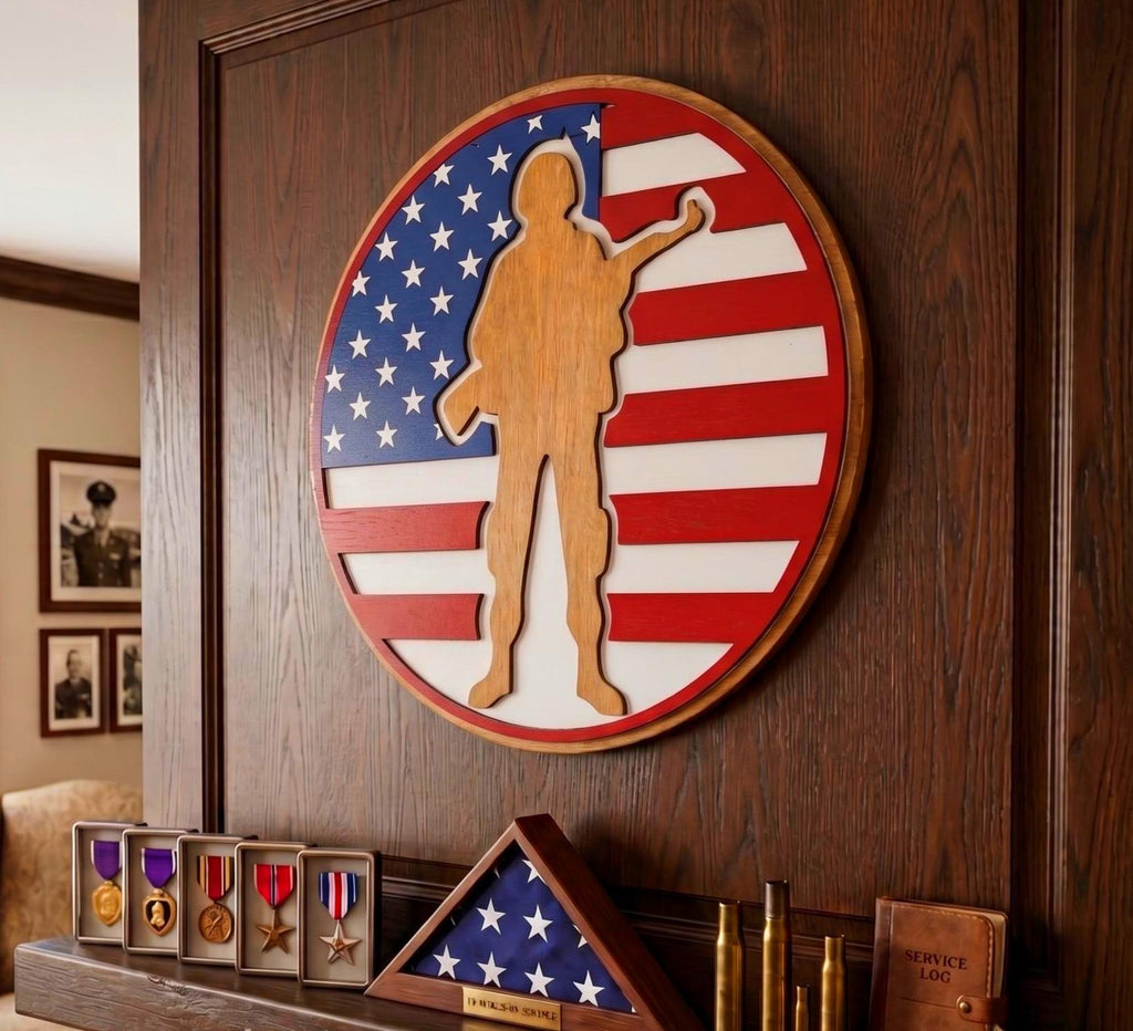 Handmade Patriotic Soldier Wood Sign – American Flag Veteran Gift Handmade Wood Decor