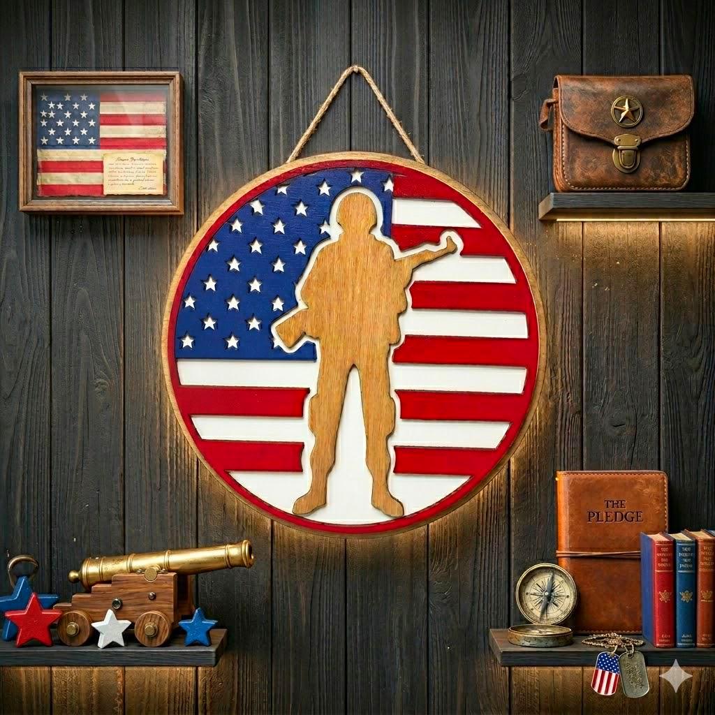 Handmade Patriotic Soldier Wood Sign – American Flag Veteran Gift Handmade Wood Decor