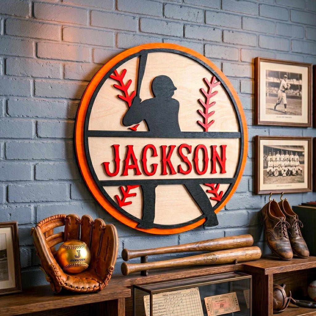 Personalized Baseball Name Sign – Layered Wood Player Silhouette, Sports Decor Handmade 3D Wood Sign