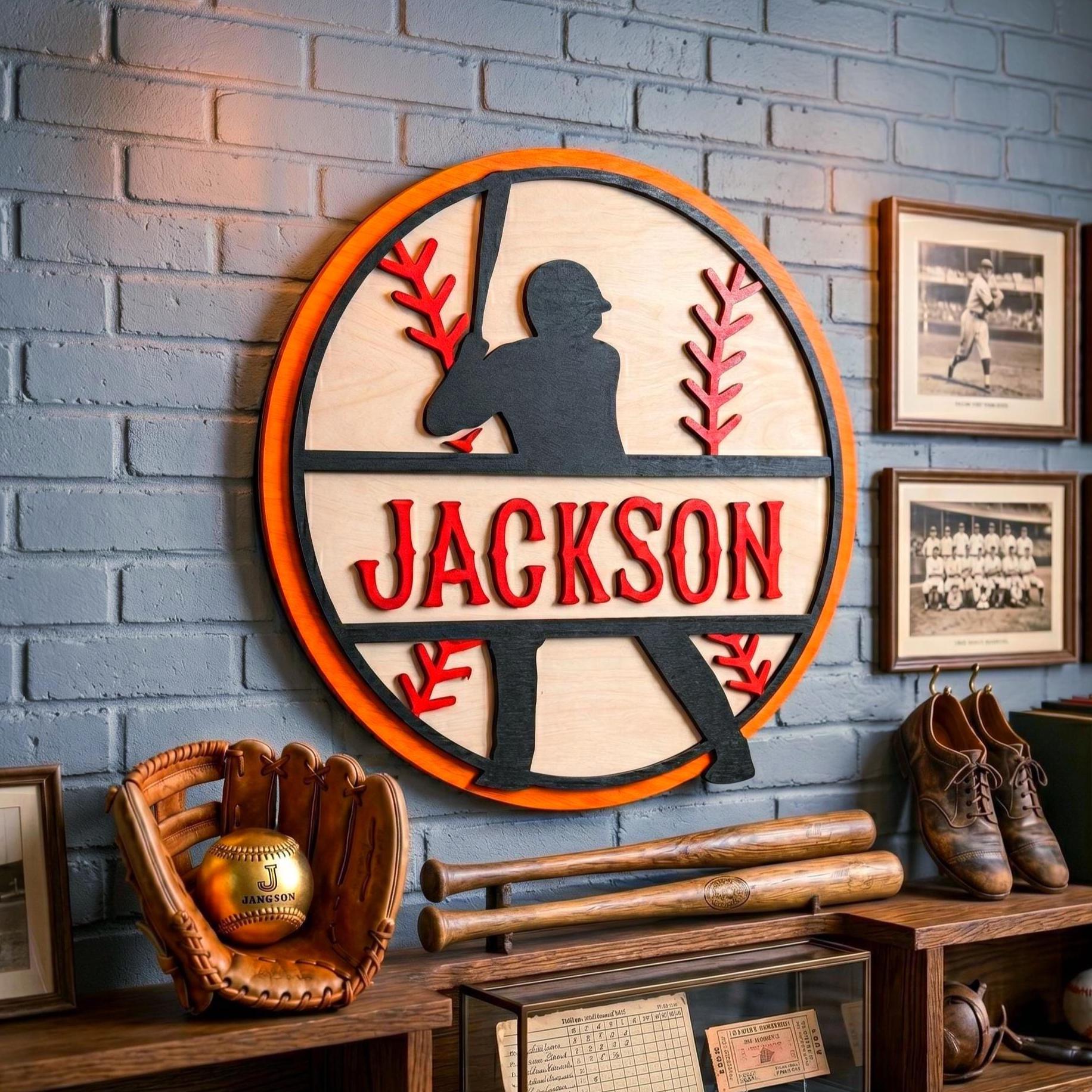 Personalized Baseball Name Sign – Layered Wood Player Silhouette, Sports Decor Handmade 3D Wood Sign