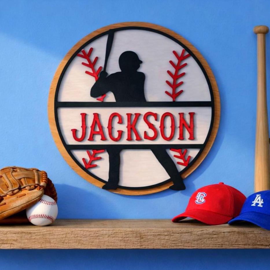 Personalized Baseball Name Sign – Layered Wood Player Silhouette, Sports Decor Handmade 3D Wood Sign