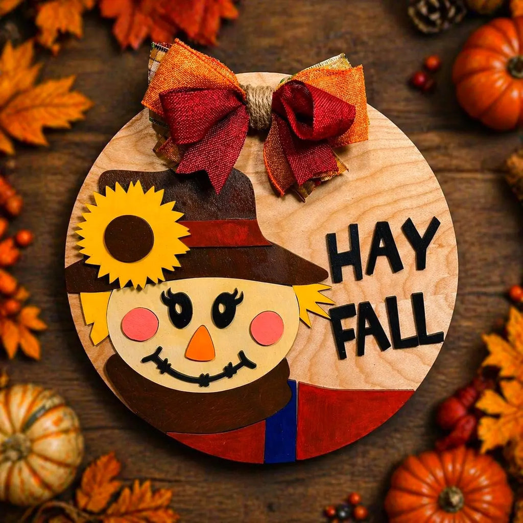 🍂 Hay Fall Scarecrow Wooden Sign – Layered Seasonal Door Hanger Seasonal Door Hanger