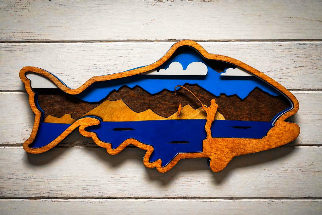 Fishing Wall Art Wooden Fish Sign | Lake House Decor | Rustic Cabin Wall Art | Fisherman Gift | Vibrant or Natural Finish Handmade 3D Wood Sign