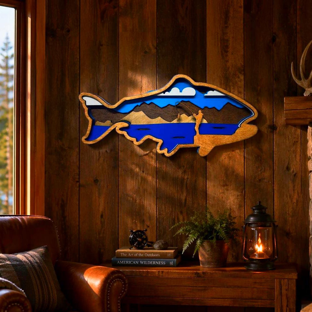 Fishing Wall Art Wooden Fish Sign | Lake House Decor | Rustic Cabin Wall Art | Fisherman Gift | Vibrant or Natural Finish Handmade 3D Wood Sign
