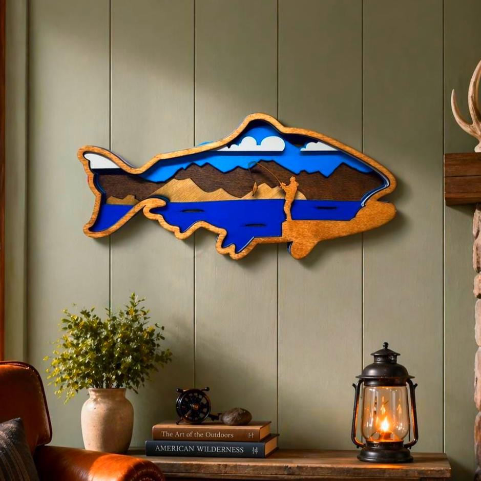Fishing Wall Art Wooden Fish Sign | Lake House Decor | Rustic Cabin Wall Art | Fisherman Gift | Vibrant or Natural Finish Handmade 3D Wood Sign