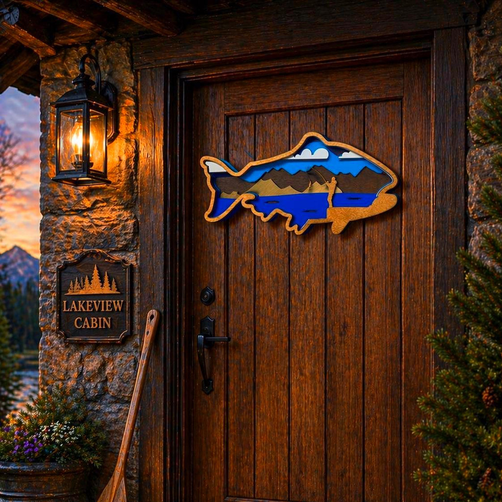 Fishing Wall Art Wooden Fish Sign | Lake House Decor | Rustic Cabin Wall Art | Fisherman Gift | Vibrant or Natural Finish Handmade 3D Wood Sign