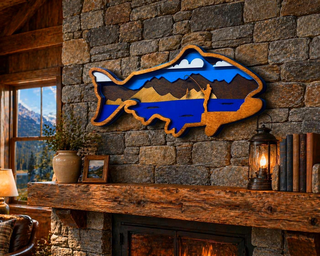 Fishing Wall Art Wooden Fish Sign | Lake House Decor | Rustic Cabin Wall Art | Fisherman Gift | Vibrant or Natural Finish Handmade 3D Wood Sign