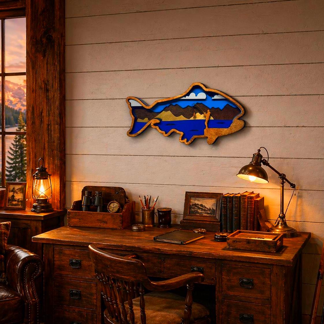 Fishing Wall Art Wooden Fish Sign | Lake House Decor | Rustic Cabin Wall Art | Fisherman Gift | Vibrant or Natural Finish Handmade 3D Wood Sign