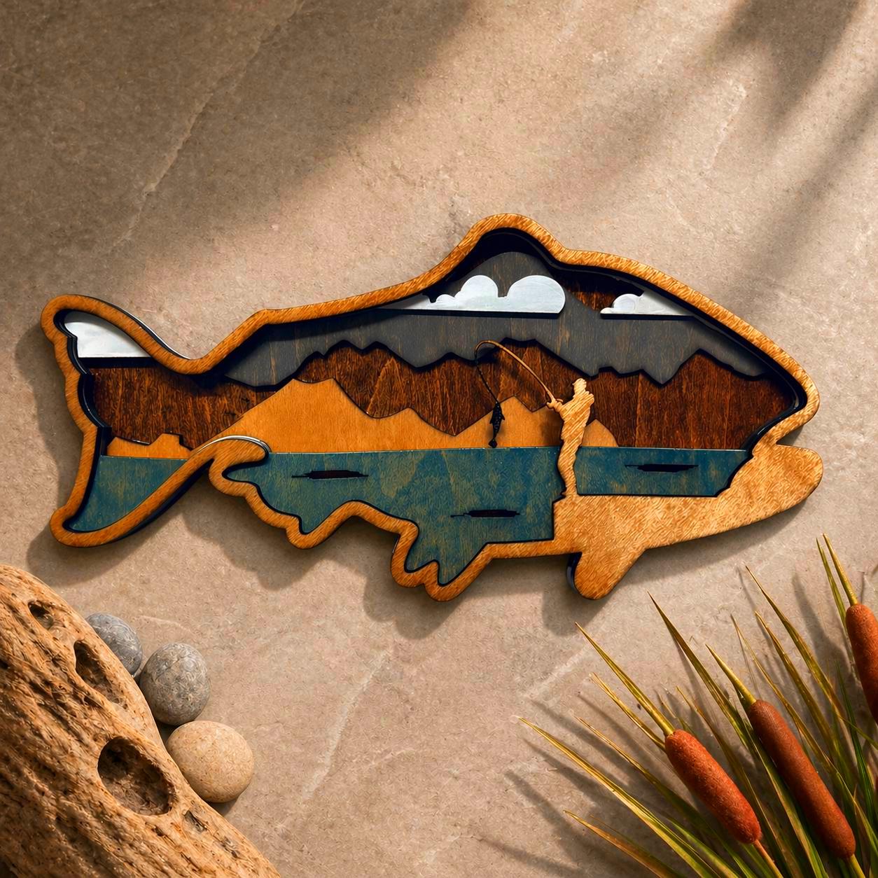 Fishing Wall Art Wooden Fish Sign | Lake House Decor | Rustic Cabin Wall Art | Fisherman Gift | Vibrant or Natural Finish Handmade 3D Wood Sign