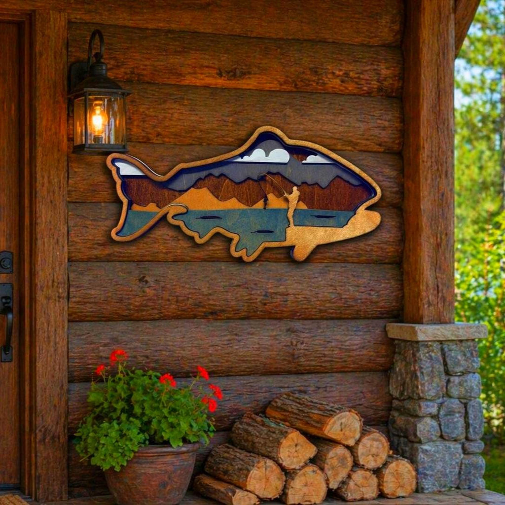 Fishing Wall Art Wooden Fish Sign | Lake House Decor | Rustic Cabin Wall Art | Fisherman Gift | Vibrant or Natural Finish Handmade 3D Wood Sign