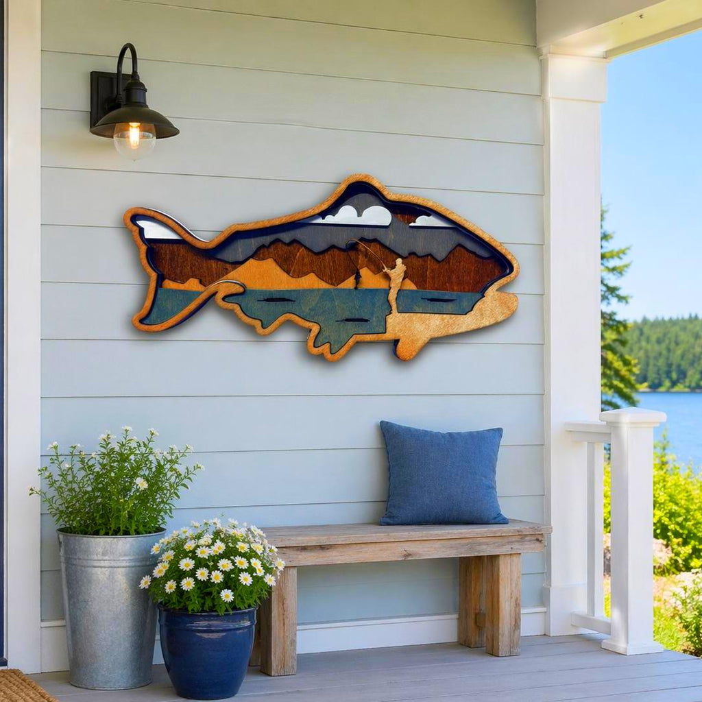 Fishing Wall Art Wooden Fish Sign | Lake House Decor | Rustic Cabin Wall Art | Fisherman Gift | Vibrant or Natural Finish Handmade 3D Wood Sign