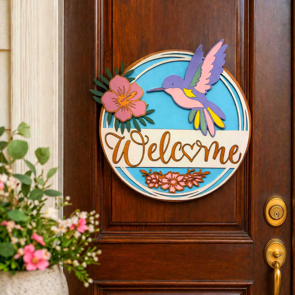 3D Hummingbird & Hibiscus Welcome Sign Handmade Wood Door Hanger