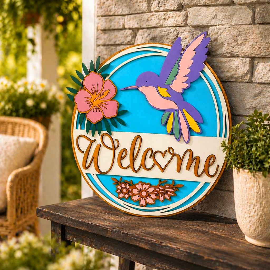 3D Hummingbird & Hibiscus Welcome Sign Handmade Wood Door Hanger