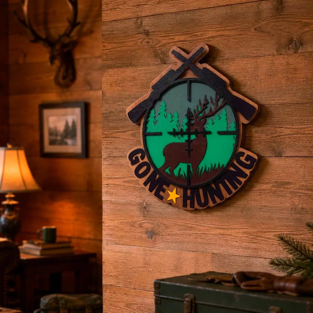 Gone Hunting Wooden Sign | Layered Hunting Wall Decor | Rustic Deer Cabin Sign