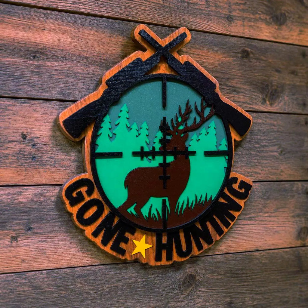 Gone Hunting Wooden Sign | Layered Hunting Wall Decor | Rustic Deer Cabin Sign