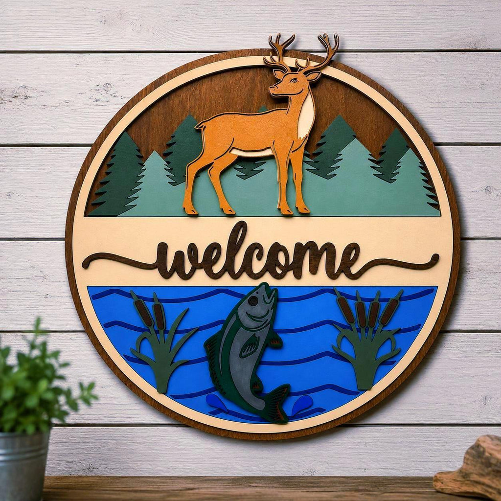 Deer & Fishing Welcome Sign | Cabin Wall Decor | Lake House Welcome Sign