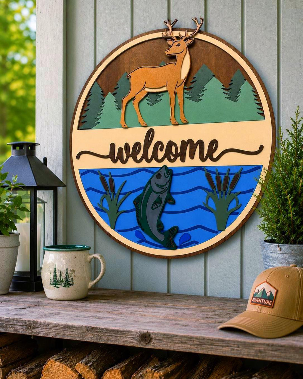 Deer & Fishing Welcome Sign | Cabin Wall Decor | Lake House Welcome Sign