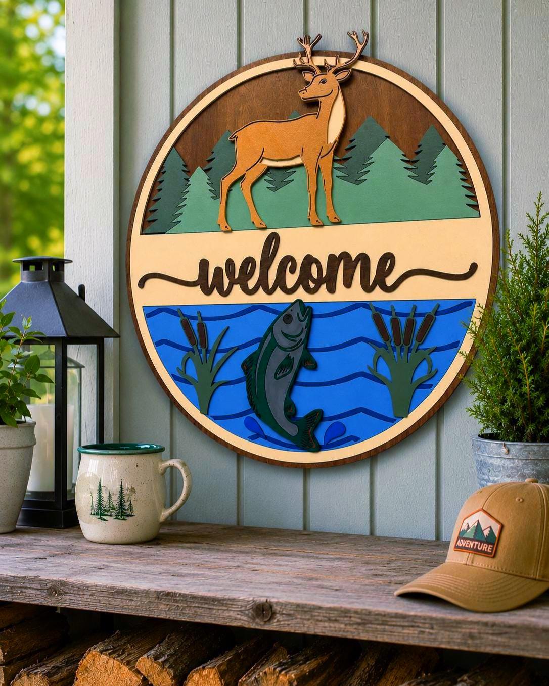 Deer & Fishing Welcome Sign | Cabin Wall Decor | Lake House Welcome Sign