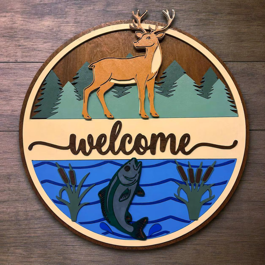 Deer & Fishing Welcome Sign | Cabin Wall Decor | Lake House Welcome Sign