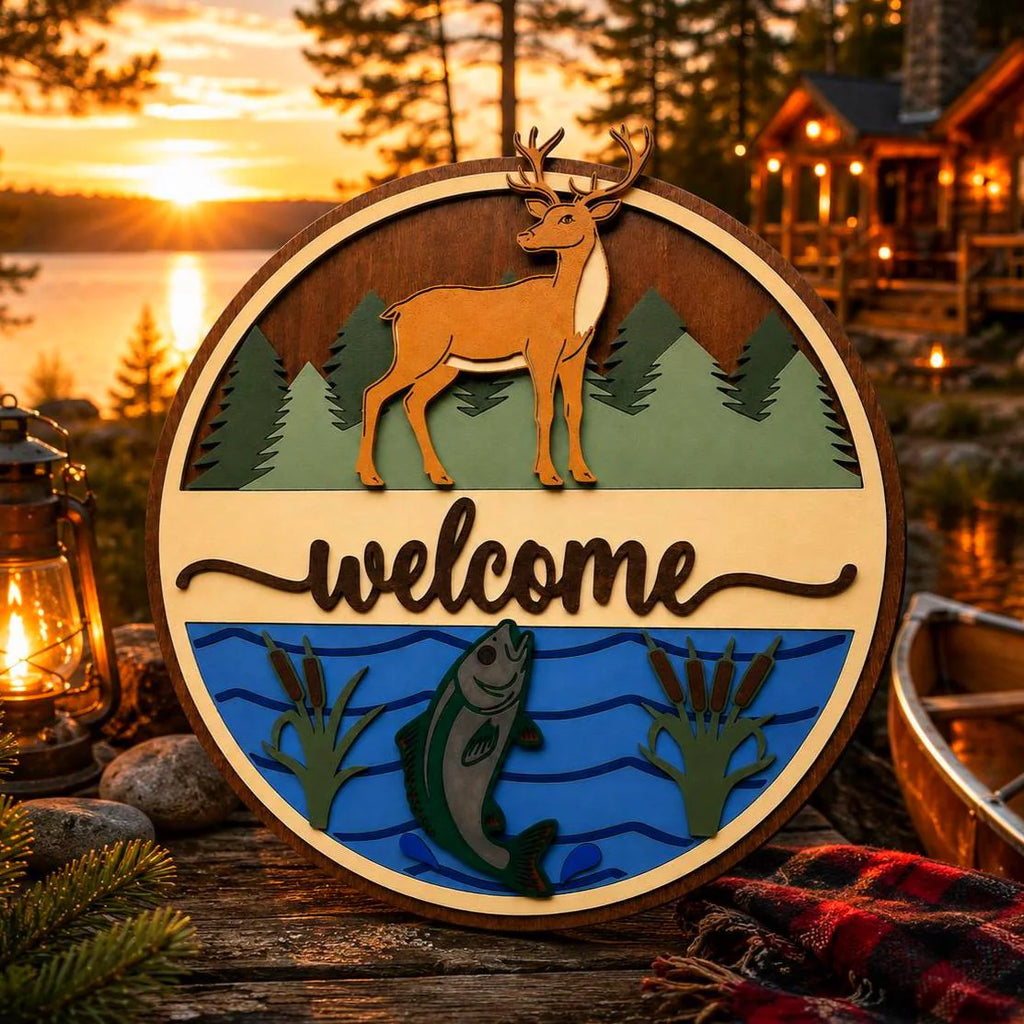 Deer & Fishing Welcome Sign | Cabin Wall Decor | Lake House Welcome Sign
