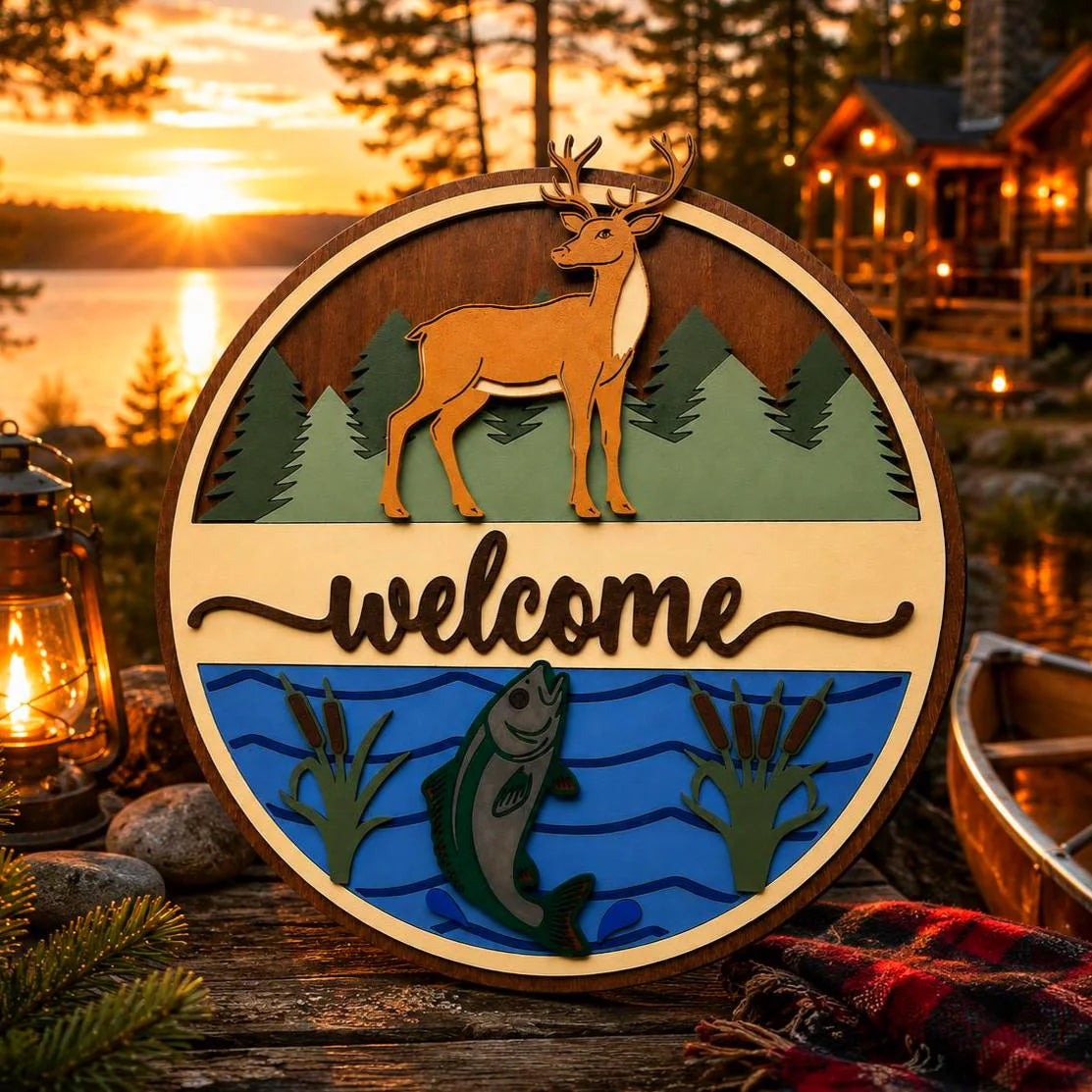 Deer & Fishing Welcome Sign | Cabin Wall Decor | Lake House Welcome Sign