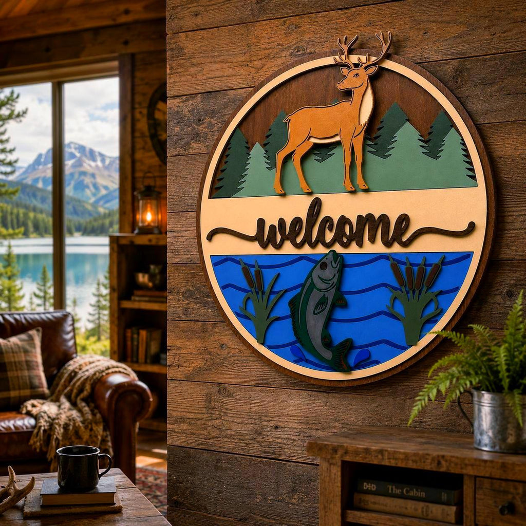 Deer & Fishing Welcome Sign | Cabin Wall Decor | Lake House Welcome Sign