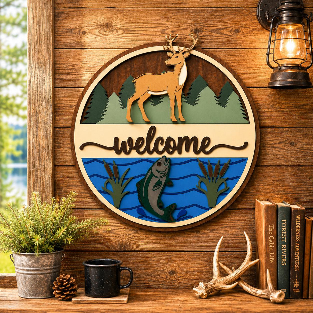 Deer & Fishing Welcome Sign | Cabin Wall Decor | Lake House Welcome Sign