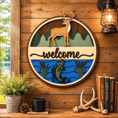 Deer & Fishing Welcome Sign | Cabin Wall Decor | Lake House Welcome Sign Handmade 3D Wood Decor