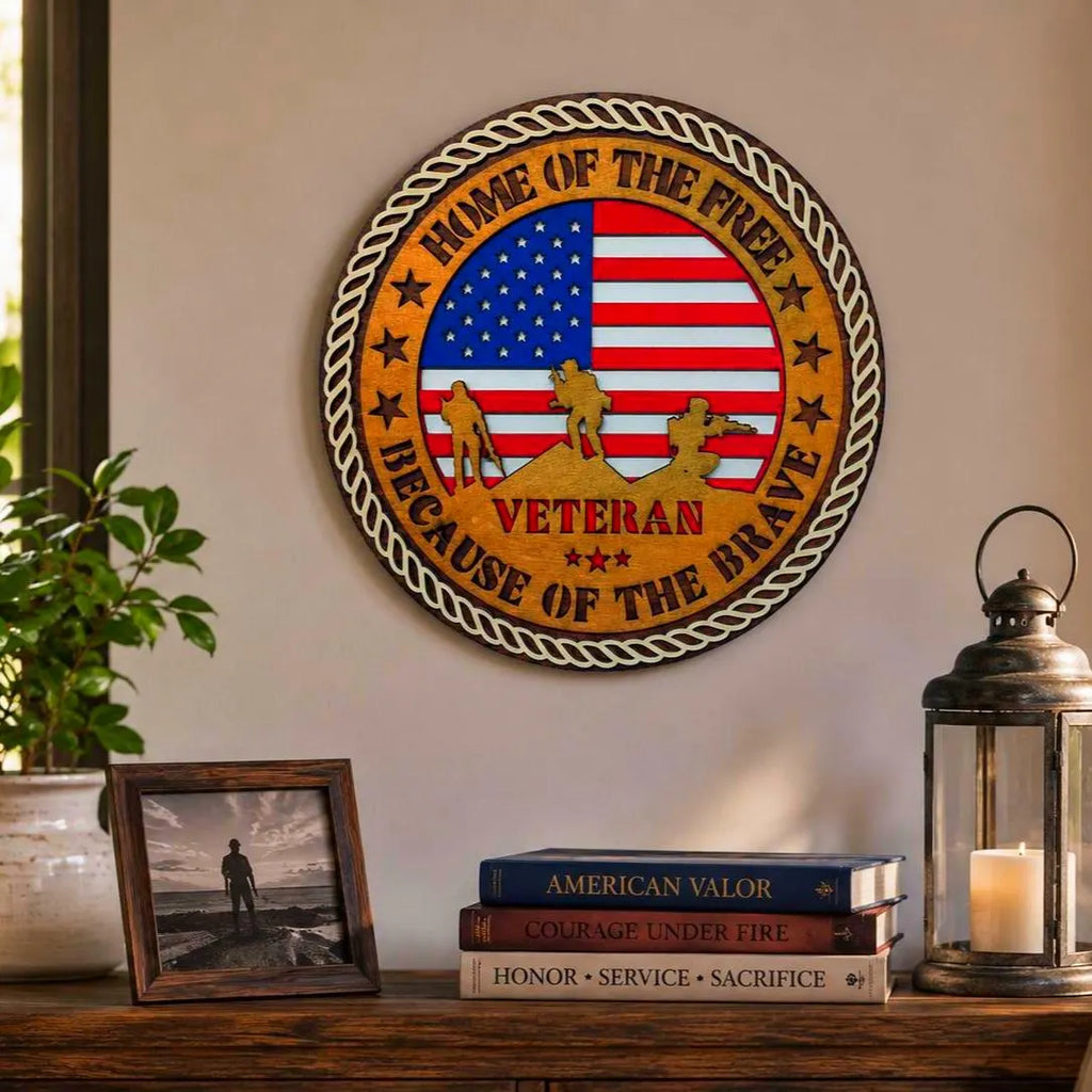 Veteran Wooden Wall Sign | Home of the Free Because of the Brave | Patriotic Military Wall Decor | Layered American Flag Sign