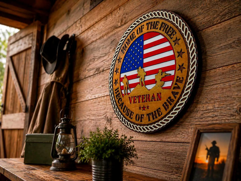 Veteran Wooden Wall Sign | Home of the Free Because of the Brave | Patriotic Military Wall Decor | Layered American Flag Sign