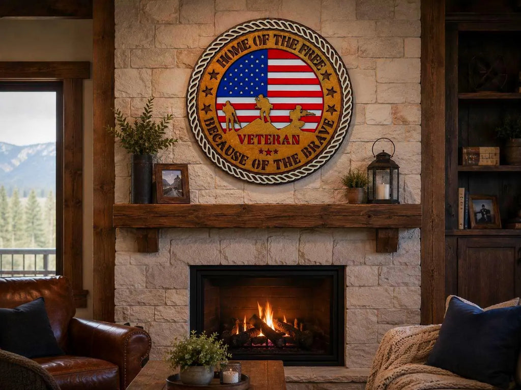 Veteran Wooden Wall Sign | Home of the Free Because of the Brave | Patriotic Military Wall Decor | Layered American Flag Sign