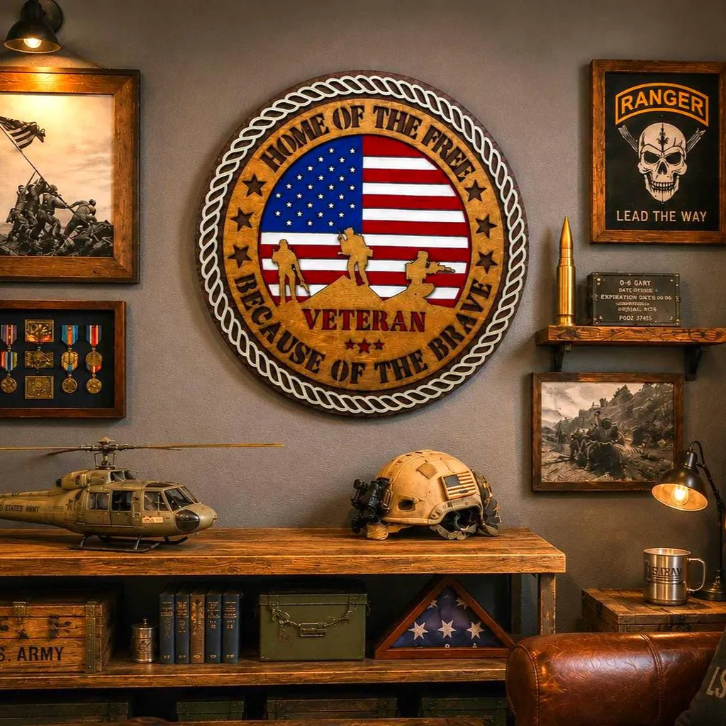Veteran Wooden Wall Sign | Home of the Free Because of the Brave | Patriotic Military Wall Decor | Layered American Flag Sign