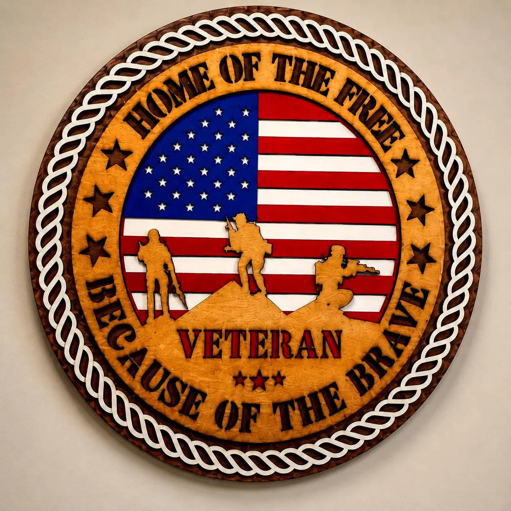 Veteran Wooden Wall Sign | Home of the Free Because of the Brave | Patriotic Military Wall Decor | Layered American Flag Sign