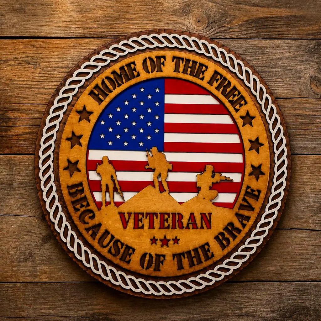 Veteran Wooden Wall Sign | Home of the Free Because of the Brave | Patriotic Military Wall Decor | Layered American Flag Sign
