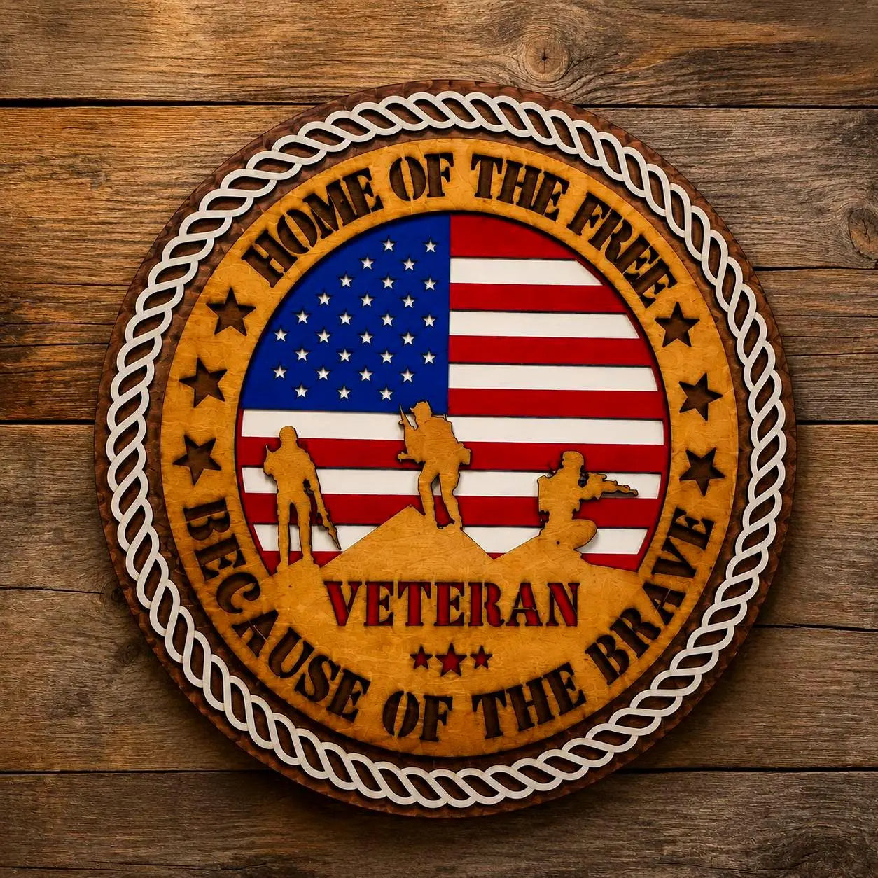 Veteran Wooden Wall Sign | Home of the Free Because of the Brave | Patriotic Military Wall Decor | Layered American Flag Sign