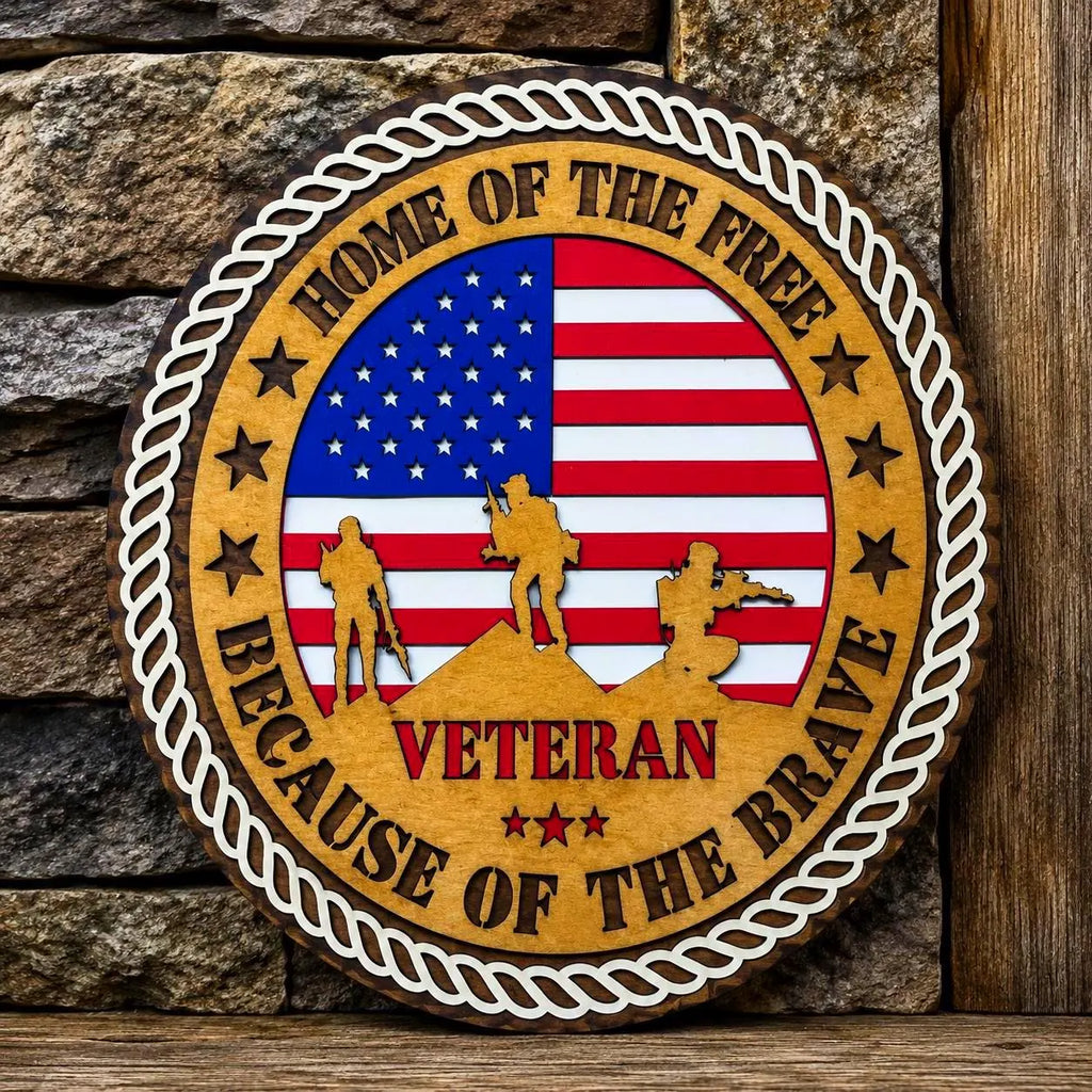 Veteran Wooden Wall Sign | Home of the Free Because of the Brave | Patriotic Military Wall Decor | Layered American Flag Sign
