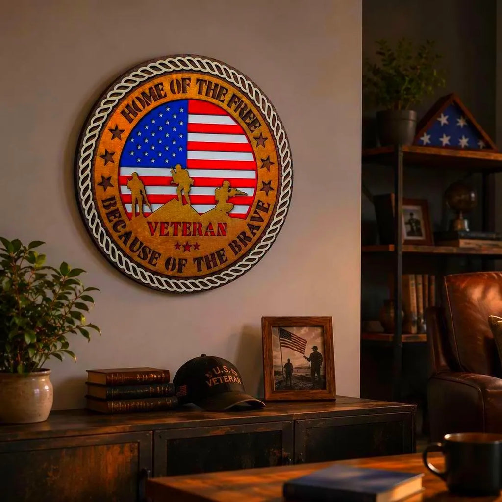 Veteran Wooden Wall Sign | Home of the Free Because of the Brave | Patriotic Military Wall Decor | Layered American Flag Sign