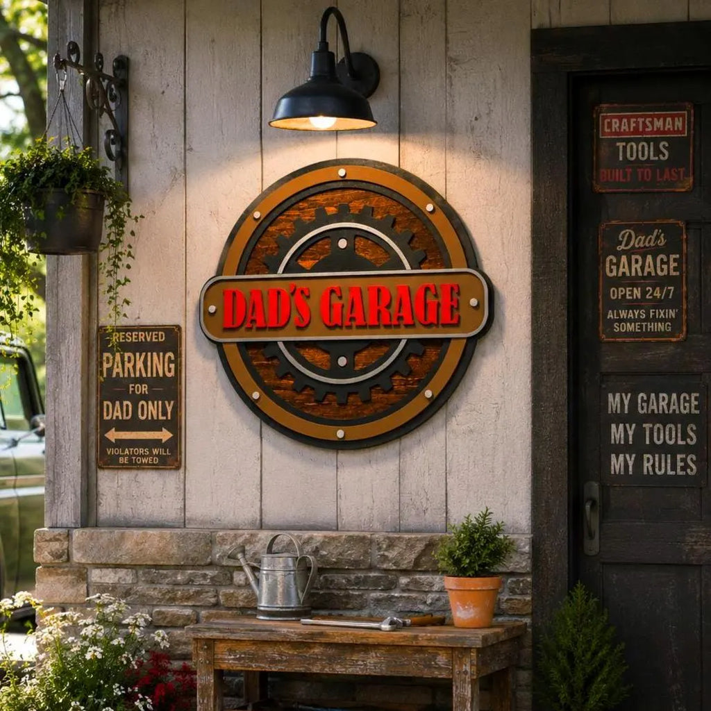 Dad’s Garage Sign | Layered Garage Wall Decor | Man Cave Workshop Sign | Rustic Mechanic Wall Art
