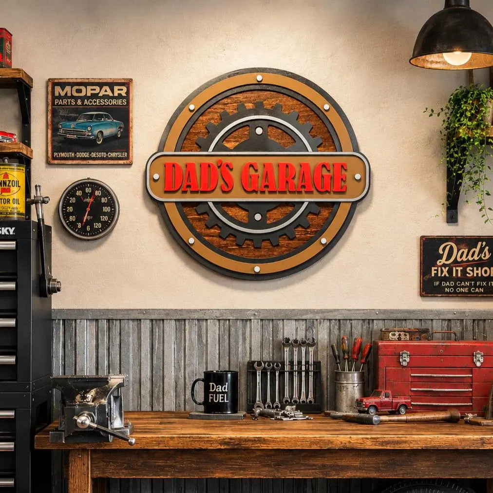 Dad’s Garage Sign | Layered Garage Wall Decor | Man Cave Workshop Sign | Rustic Mechanic Wall Art