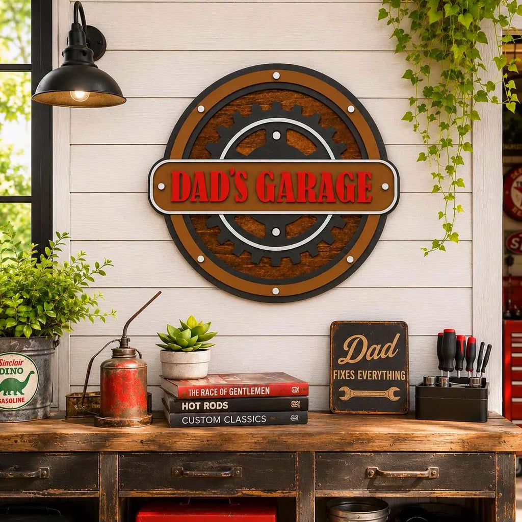 Dad’s Garage Sign | Layered Garage Wall Decor | Man Cave Workshop Sign | Rustic Mechanic Wall Art