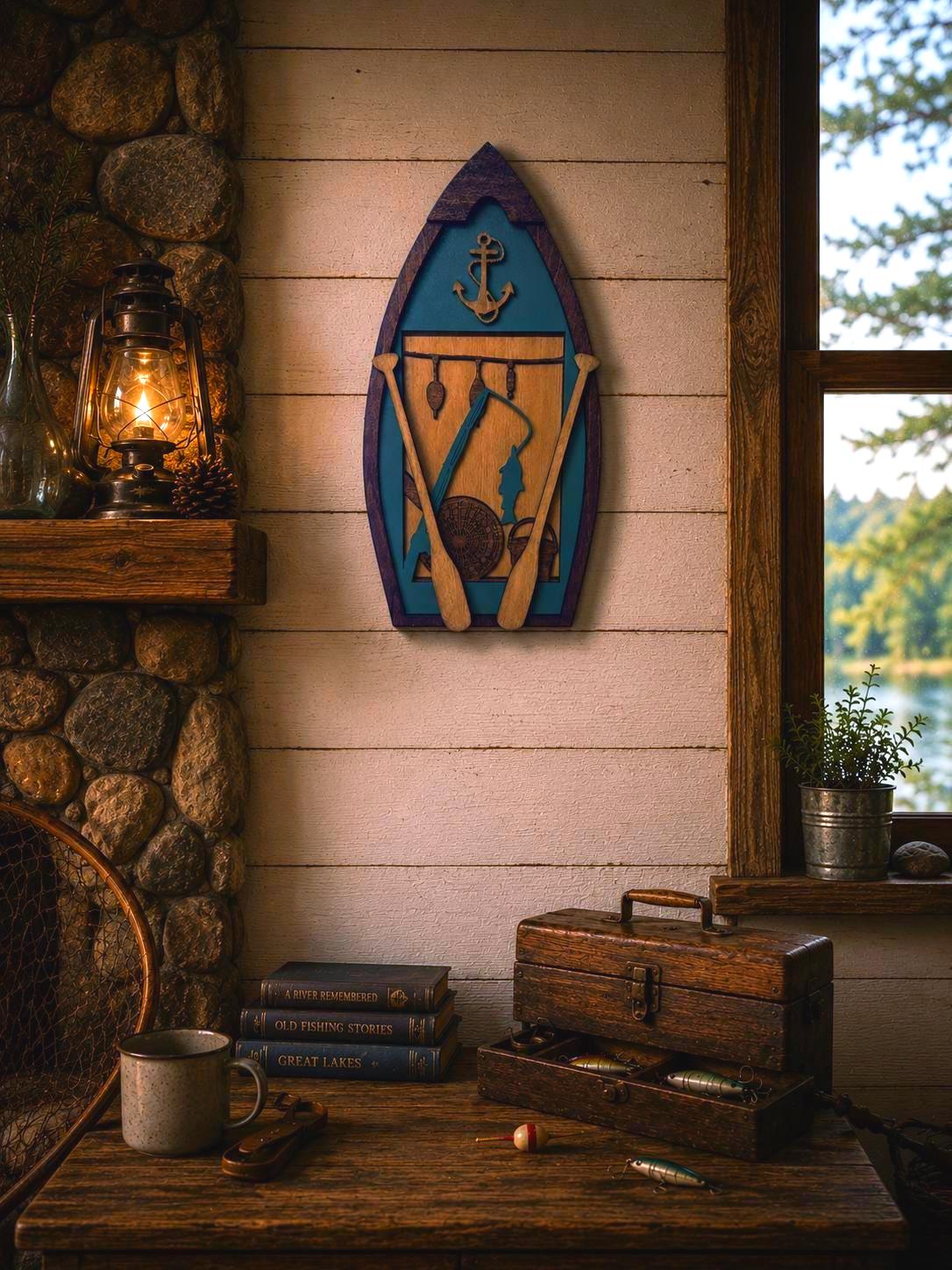 Fishing Boat Wall Decor | Layered Wooden Fishing Sign | Rustic Lake House & Cabin Decor