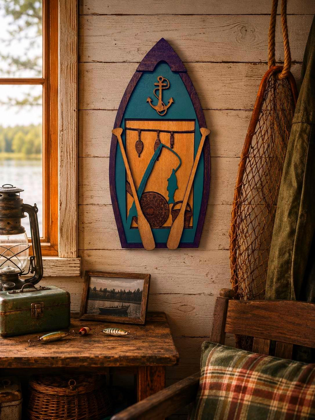 Fishing Boat Wall Decor | Layered Wooden Fishing Sign | Rustic Lake House & Cabin Decor