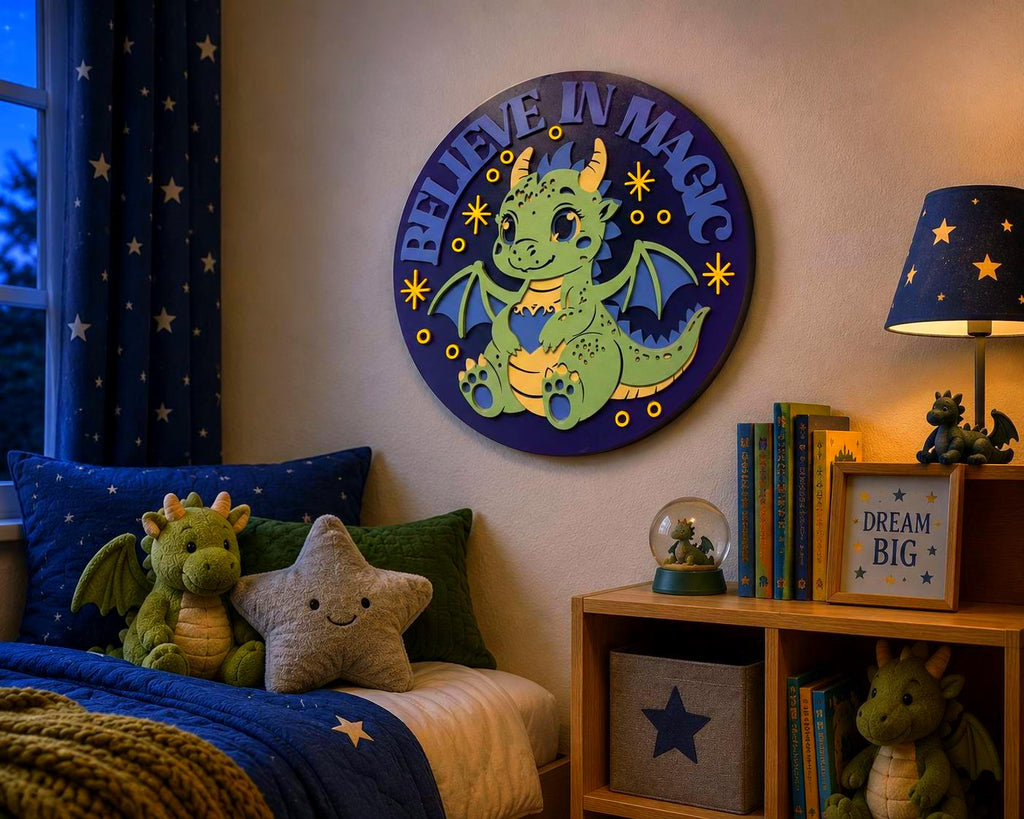 Believe In Magic Dragon Nursery Sign | Layered Wooden Dragon Wall Decor | Fantasy Kids Room Sign | Baby Dragon Nursery Decor