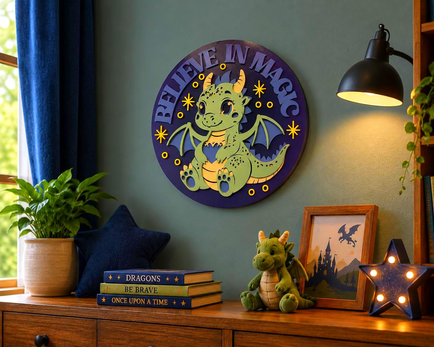 Believe In Magic Dragon Nursery Sign | Layered Wooden Dragon Wall Decor | Fantasy Kids Room Sign | Baby Dragon Nursery Decor
