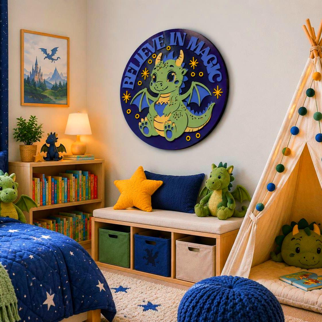 Believe In Magic Dragon Nursery Sign | Layered Wooden Dragon Wall Decor | Fantasy Kids Room Sign | Baby Dragon Nursery Decor