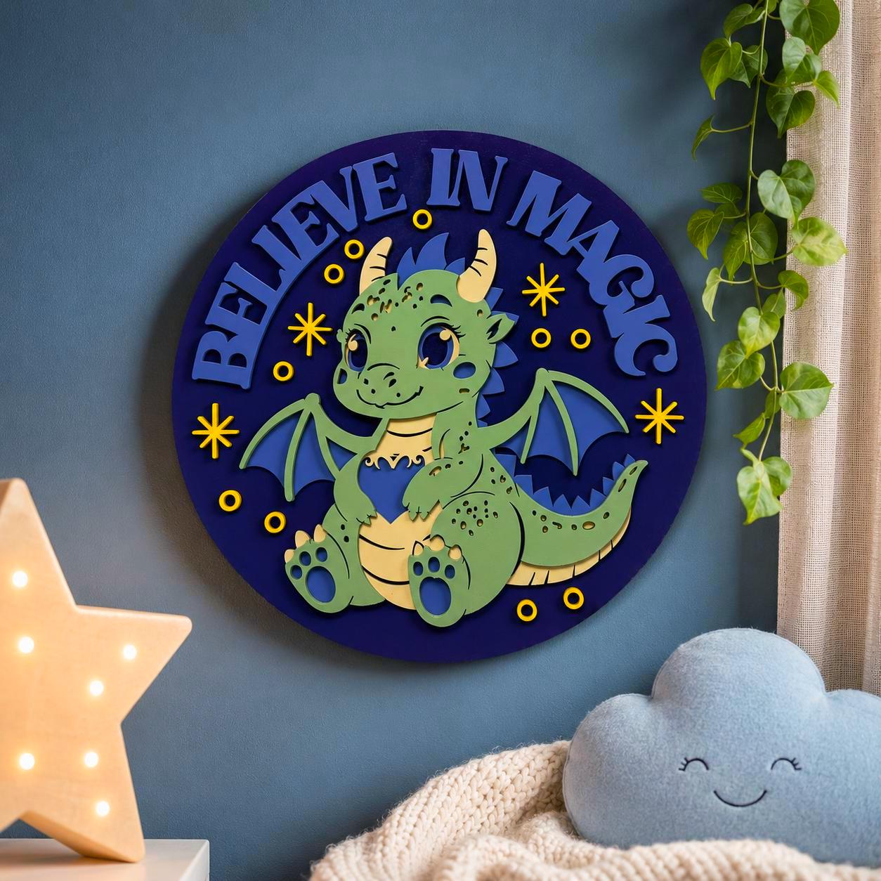 Believe In Magic Dragon Nursery Sign | Layered Wooden Dragon Wall Decor | Fantasy Kids Room Sign | Baby Dragon Nursery Decor