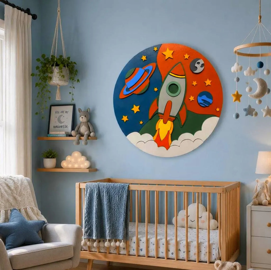 Rocket Ship Wall Decor | Space Nursery Sign | Layered Wooden Rocket Wall Art | Kids Room Decor