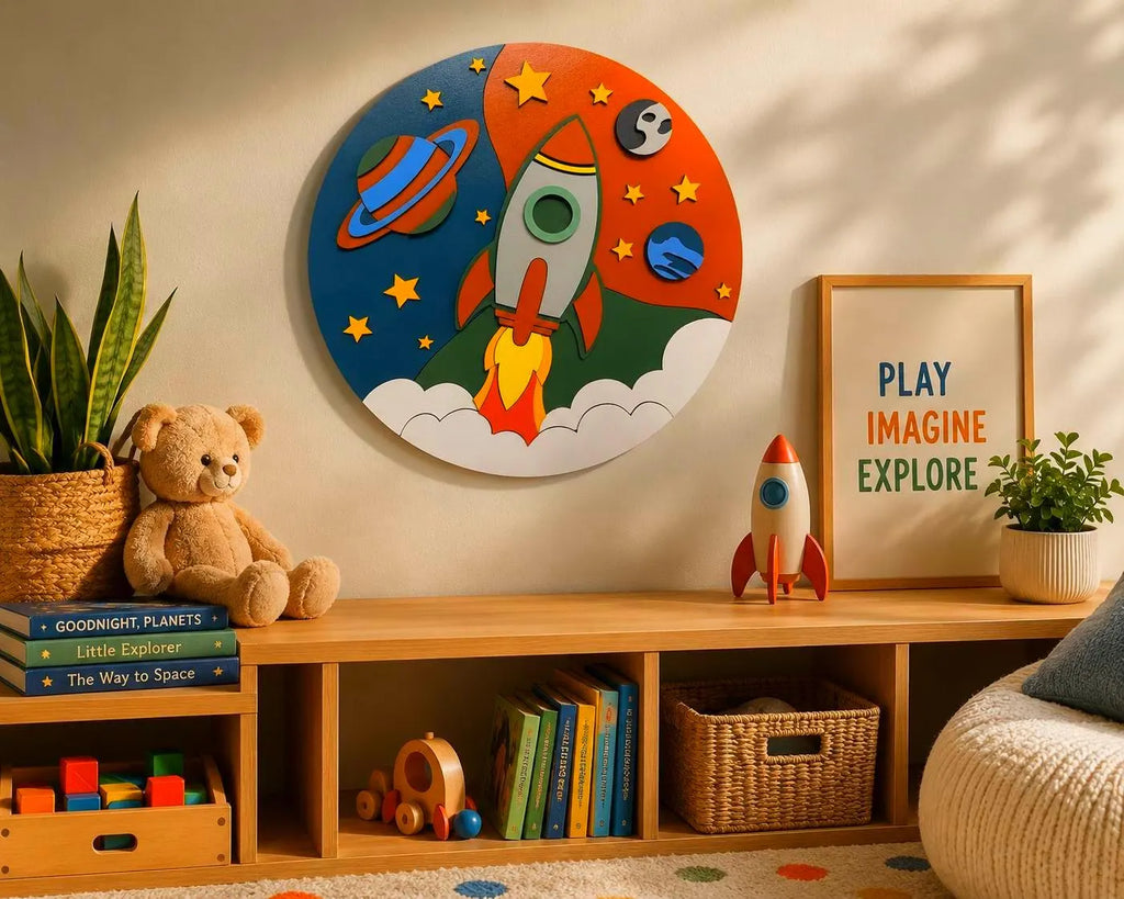 Rocket Ship Wall Decor | Space Nursery Sign | Layered Wooden Rocket Wall Art | Kids Room Decor