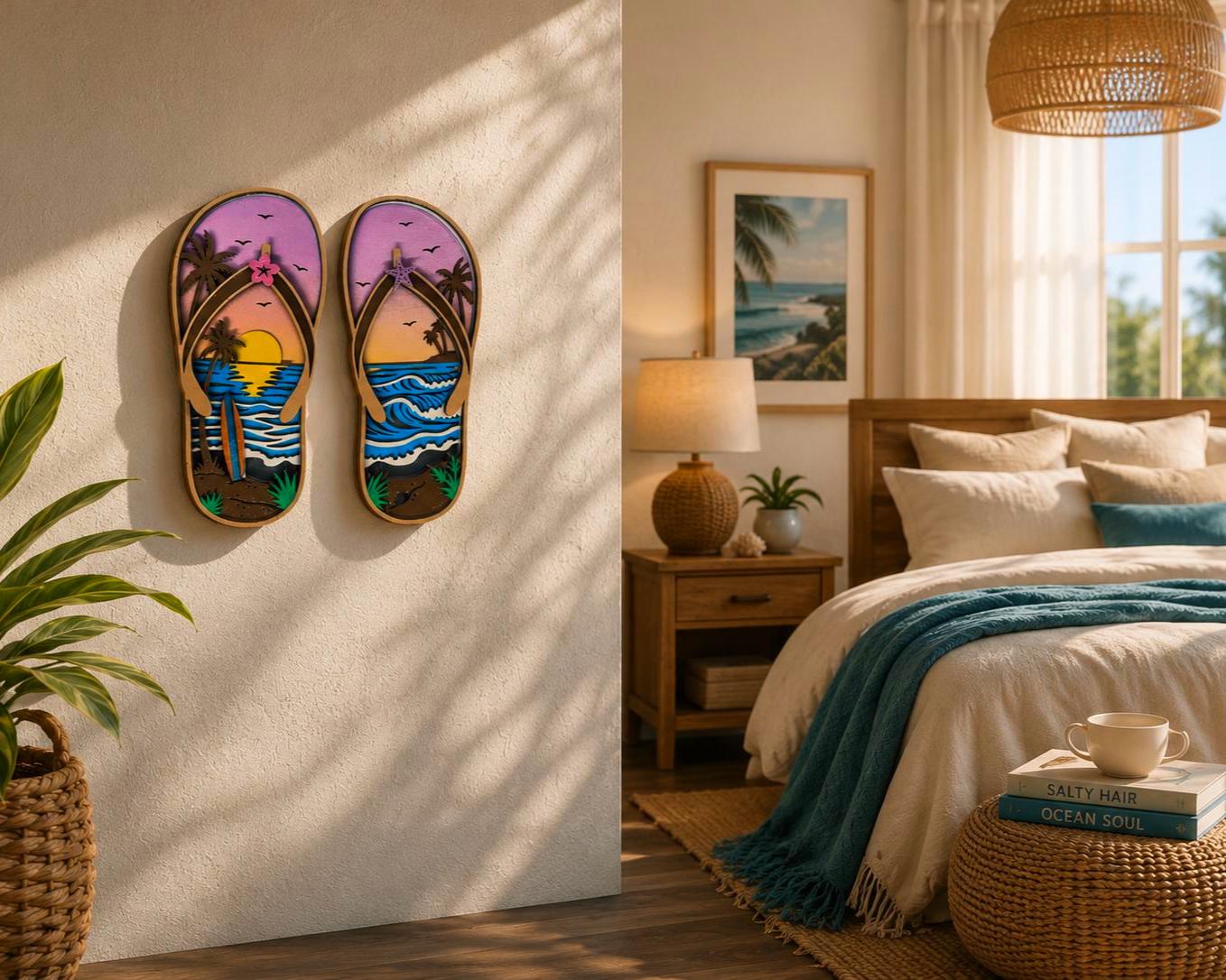 Tropical Flip Flop Wall Decor | Beach Sunset Sandals | Coastal Wooden Wall Art | 5 Layer Sign