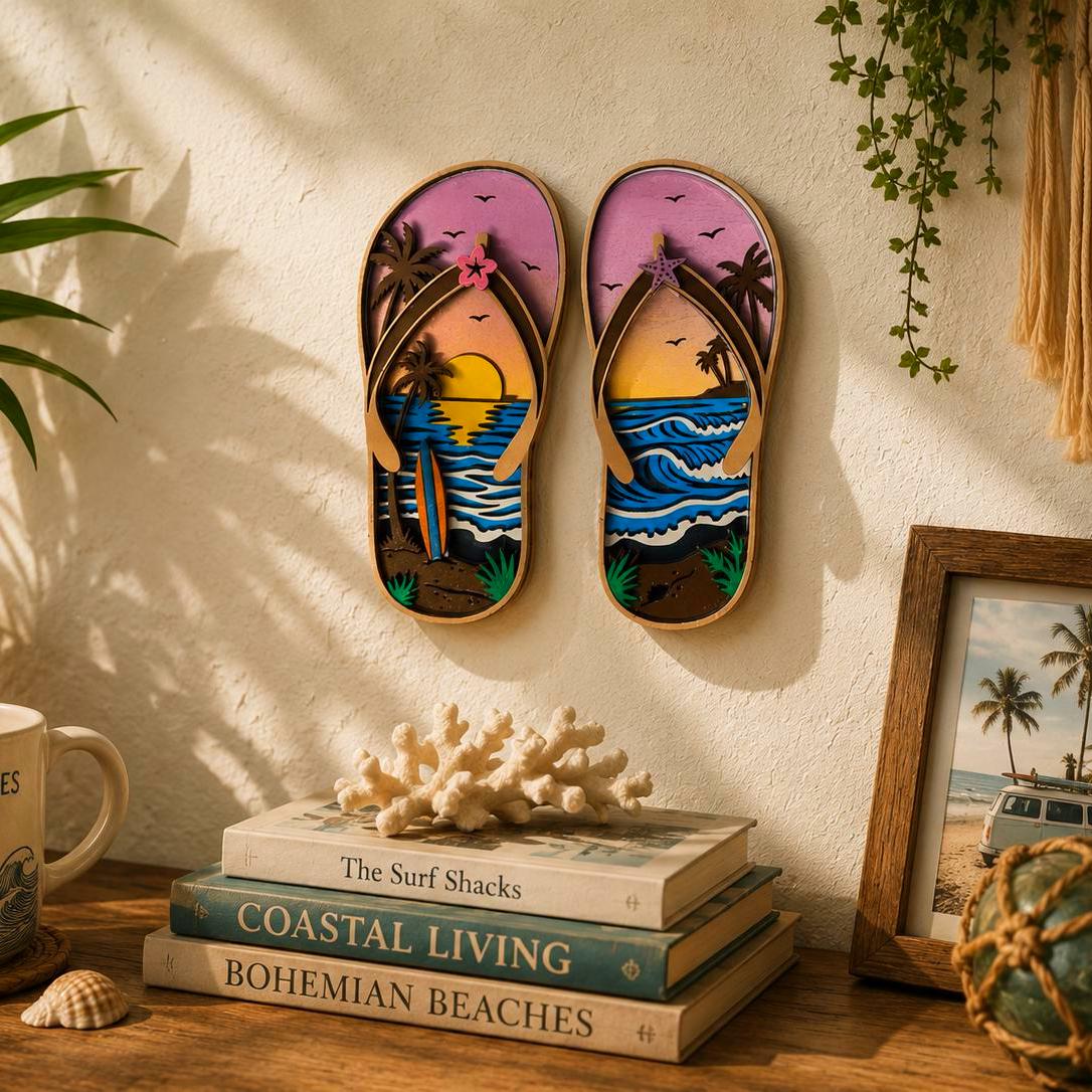 Tropical Flip Flop Wall Decor | Beach Sunset Sandals | Coastal Wooden Wall Art | 5 Layer Sign